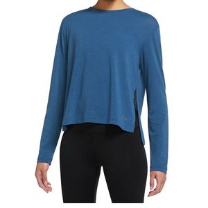 Nike Yoga Dri-Fit Marina Blue Loose Fit Crewneck Top Long Sleeve Women XS NWT